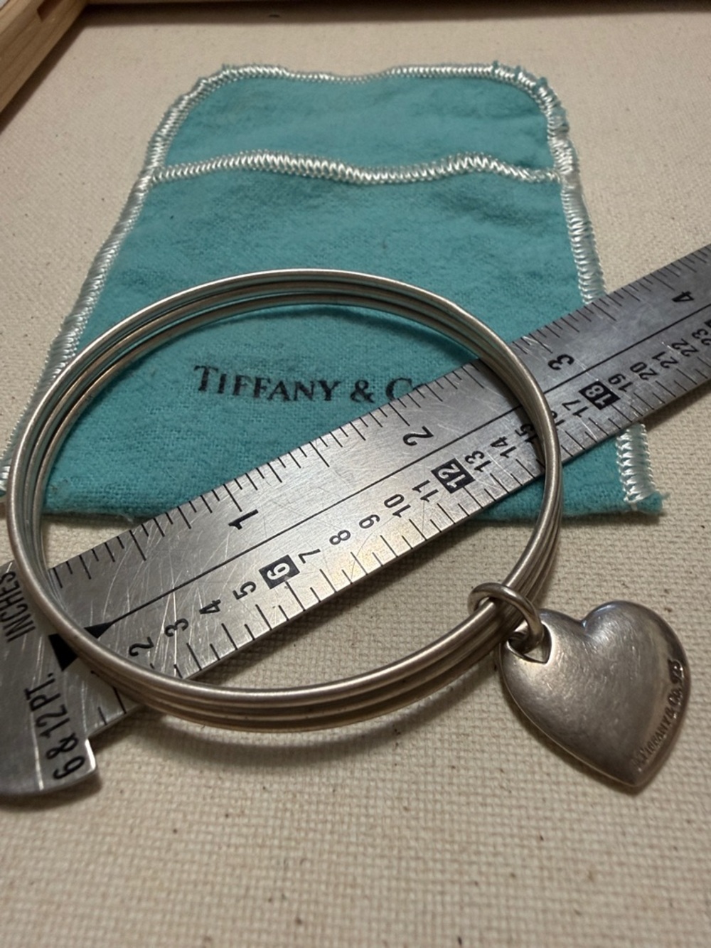 Tiffany & Co. Sterling Silver 925 Three Bangle Bracelet W/Heart Charm W/Pouch - Picture 11 of 16